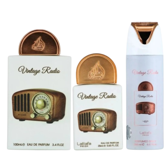 Lattafa Vintage Radio gift set - EDP 100 ml + EDP 20 ml + deospray 200 ml Lattafa Vintage Radio gift set - EDP 100 ml + EDP 20 ml + deospray 200 ml