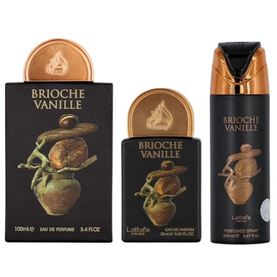 Lattafa Brioche Vanille gift set - EDP 100 ml + EDP 20 ml + deospray 200 ml Lattafa Brioche Vanille gift set - EDP 100 ml + EDP 20 ml + deospray 200 ml