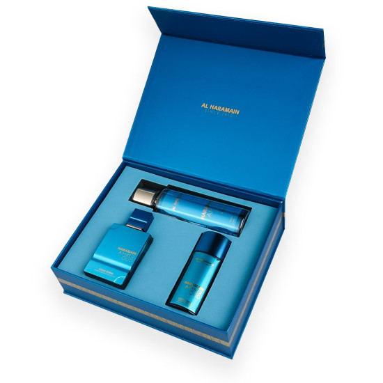 Al Haramain Amber Oud Aqua Dubai gift set (EXP 75 ml + EXP 30 ml + body mist 250 ml) Al Haramain Amber Oud Aqua Dubai gift set (EXP 75 ml + EXP 30 ml + body mist 250 ml)