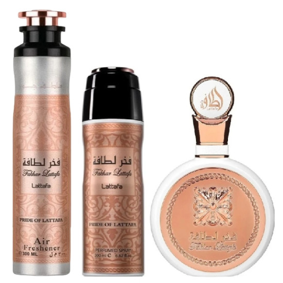 Lattafa Fakhar Woman gift set - EDP 100 ml + Perfumed Spray 200 ml + Room Freshener 300 ml Lattafa Fakhar Woman gift set - EDP 100 ml + Perfumed Spray 200 ml + Room Freshener 300 ml
